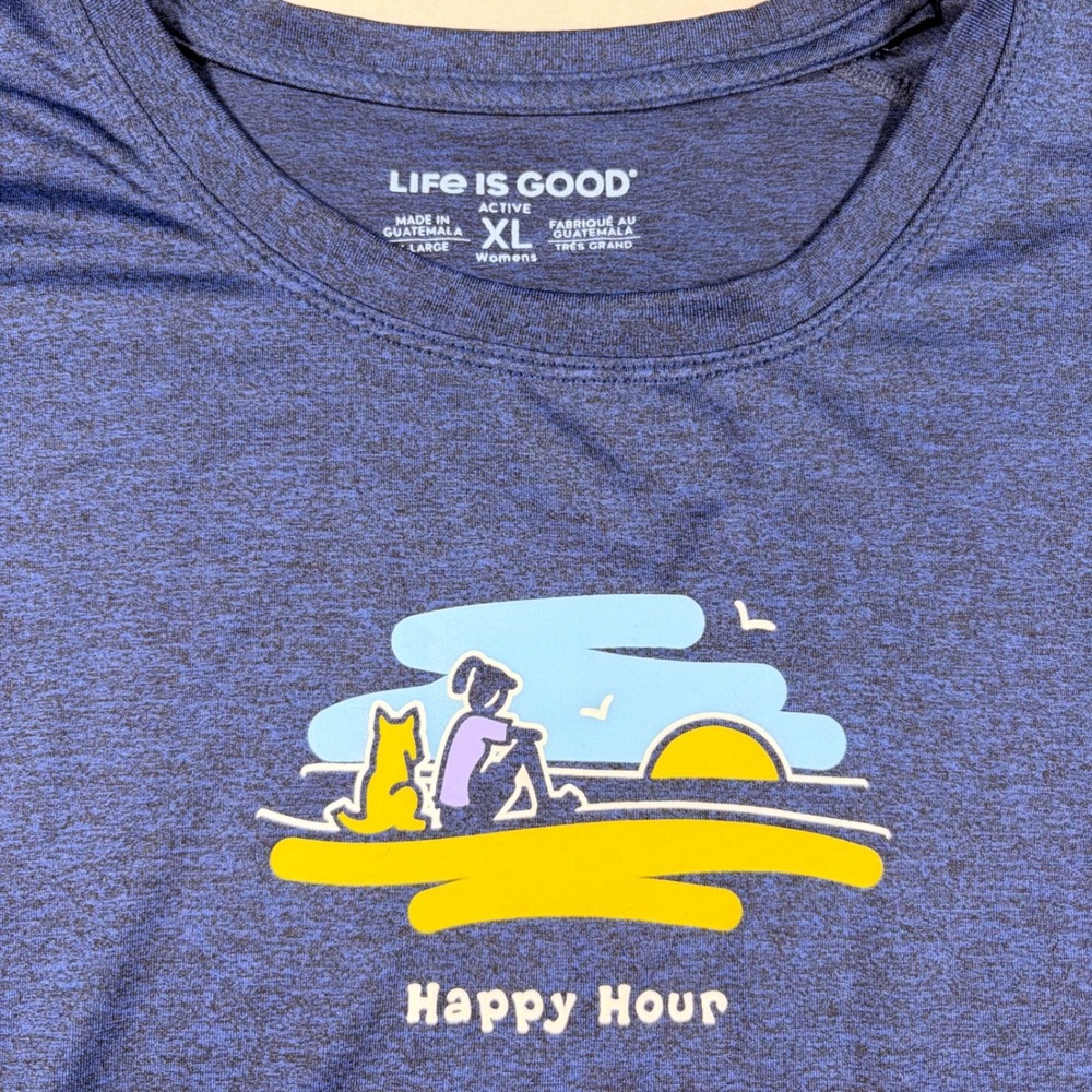 Life Is Good Active Womens XL Blue Happy Hour Dog Sunset Long Sleeve Shirt